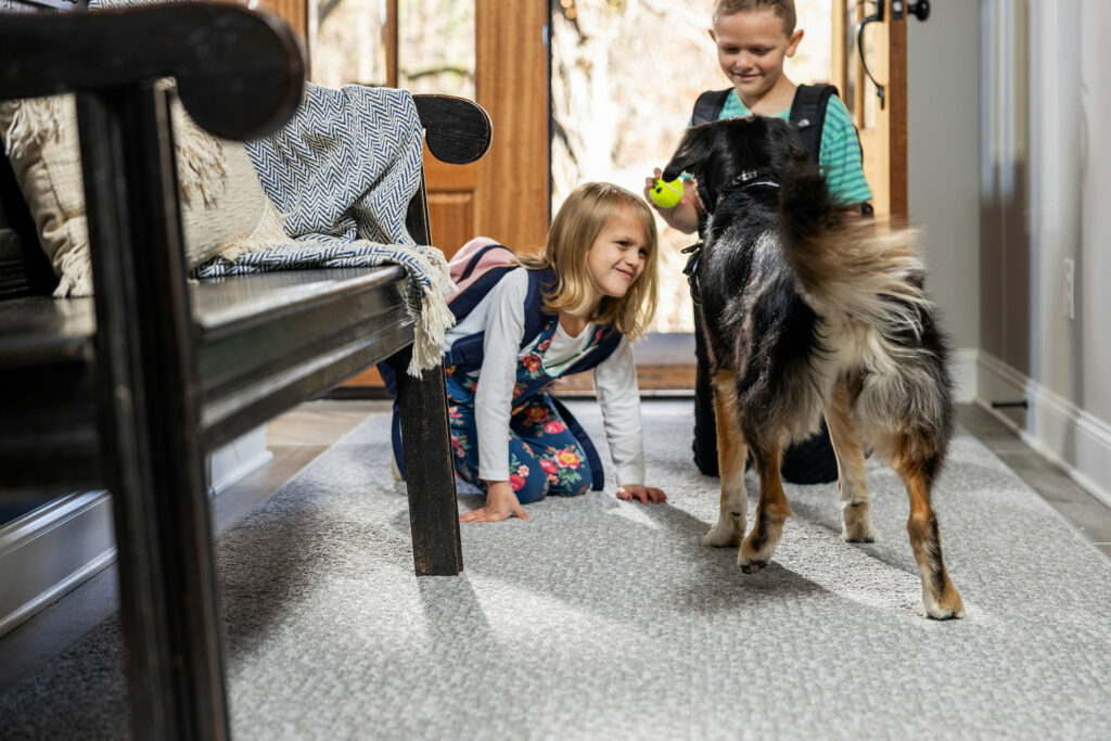 Kids playing with dog on carpet floor | Color Interiors