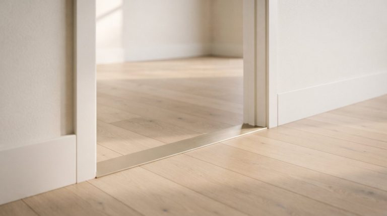 Wide-plank oak floor meeting a slim metal transition strip at an open doorway in soft daylight