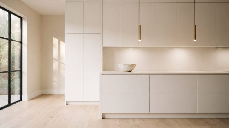 Minimal renovated kitchen with matte white cabinets, quartz countertop and brass pendant lights over pale oak flooring